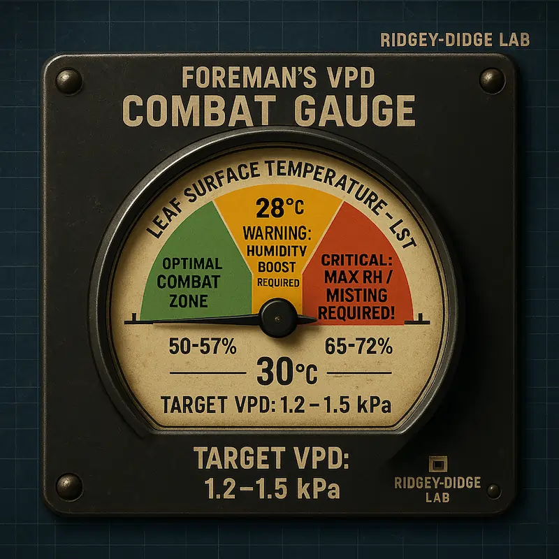 Foreman’s VPD Combat Gauge showing required humidity (50–72%) for optimal 1.2–1.5 kPa VPD across leaf temperatures from 25°C (optimal) to 30°C (critical heat stress).
