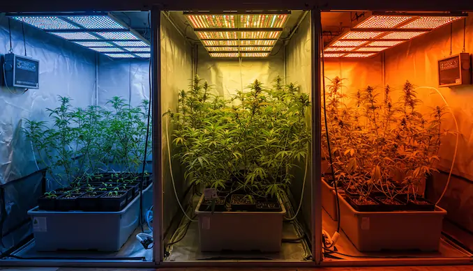 Photorealistic image of a professional home grow tent interior divided into three active zones (seedling, veg, flower) for continuous perpetual harvest cycling.