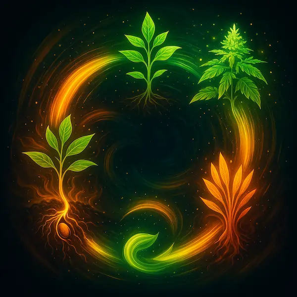 Abstract digital illustration showing a glowing loop of energy representing the cycle of growth — seed, growth, bloom, and harvest — connected by light streams and organic shapes of roots and leaves. Golden and green tones convey regeneration and perpetual motion.