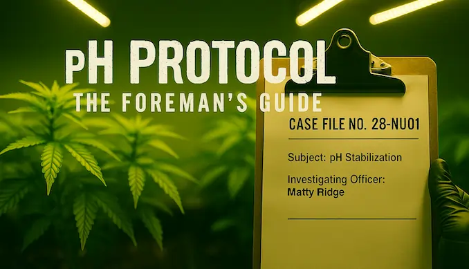 Cinematic photograph of a professional cannabis grow lab bench for the article pH Protocol: The Master Key to Nutrient Lock-Out and Total Availability — featuring a glowing digital pH meter, phosphoric and nitric acid bottles, calibration vials, and a clipboard labeled ‘Case File No. 28-NU01 – Matty Ridge,’ lit by amber-green LED reflections with a blurred 2×4 tent in the background.