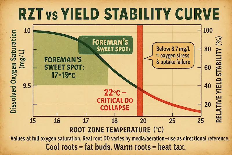 RZT vs Yield Stability Curve Infographic. Shows dissolved oxygen and yield stability plummeting above 20°C root zone temperature, highlighting the Foreman's Sweet Spot of 17°C–19°C.