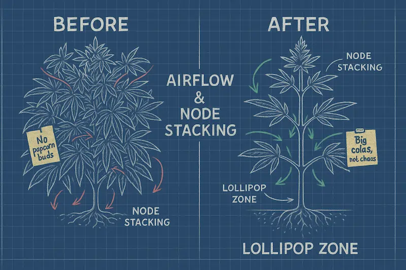 Blueprint-style before and after cannabis pruning diagram showing improved airflow, node stacking, and lollipop zone for summer growing.