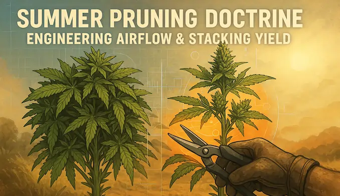Hero illustration of the Summer Pruning Doctrine showing a dense unpruned cannabis plant versus a clean, airflow-engineered pruned plant under harsh Aussie sun, with a gloved hand making a precise cut and blueprint airflow overlays.