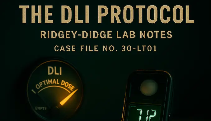 A cinematic lab bench scene featuring a glowing PAR meter beside a technical blueprint and a digital DLI Fuel Gauge showing the ‘Optimal Dose’ range — banner image for The DLI Protocol case file by Aussie Hemp Seeds.