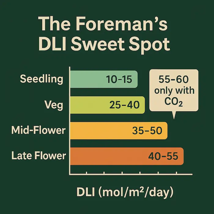 The Foreman’s DLI Sweet Spot chart showing optimal cannabis DLI ranges from 10 to 55 mol/m²/day, with a CO₂ zone marked 55–60 mol/m²/day near the Late Flower stage.