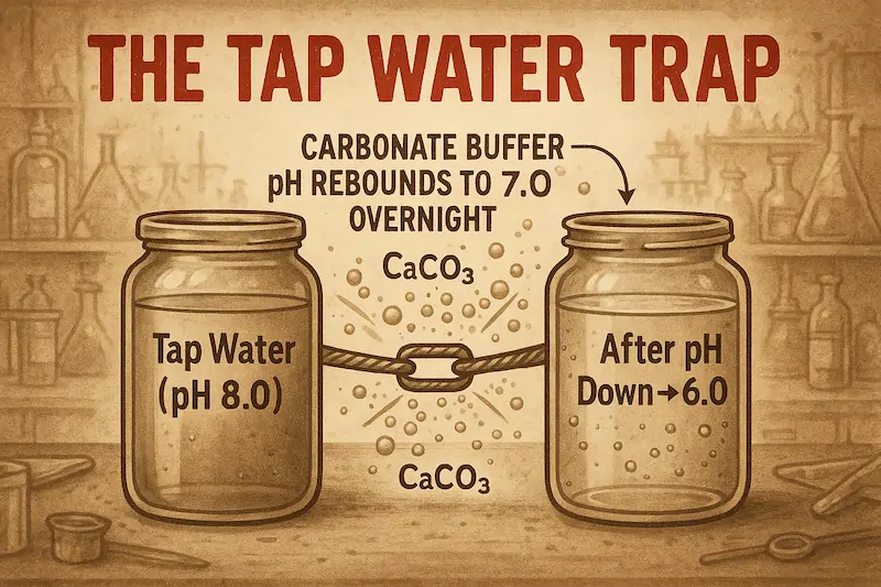 Vintage Ridgey-Didge Lab Notes–style illustration titled ‘THE TAP WATER TRAP’. Two jars labeled ‘Tap Water (pH 8.0)’ and ‘After pH Down → 6.0’ sit on a wooden lab bench with an arrow reading ‘Carbonate Buffer → pH Rebounds to 7.0 Overnight’. Bubbling CaCO₃ molecules react between the jars under a distressed red title stamp.