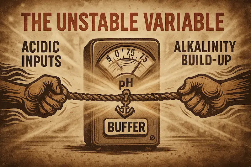 intage-style scientific illustration showing a classic analog pH meter with its needle swinging wildly between 5.0 and 7.5. On the left, a fiery red hand labeled ‘ACIDIC INPUTS’ pulls a rope, while on the right, a blue crystalline hand labeled ‘ALKALINITY BUILD-UP’ pulls back. In the center, a cracking metal anchor labeled ‘BUFFER’ strains to hold balance. The rope fibers fray as both sides tug in opposite directions, symbolizing pH instability. Red stamped overlay reads ‘THE UNSTABLE VARIABLE’ against a sepia-toned laboratory background.