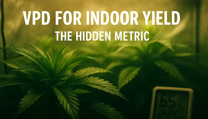 A cinematic, photorealistic hero image for the article “VPD for Indoor Yield (The Hidden Metric)” showing lush cannabis plants under warm LED light in a misty grow tent, with a subtle teal-green overlay and soft humidity haze. A blurred hygrometer and thermometer appear in the corner, matching the visual tone of AussieHempSeeds’ hydrogen peroxide hero image for a cohesive, premium brand aesthetic.