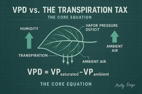 A blueprint-style infographic titled “The Hidden Metric – VPD Explained,” showing a cannabis leaf diagram with airflow and moisture arrows labeled “Leaf Vapor Pressure” and “Air Vapor Pressure,” the equation VPD = VPₛₐₜ – VPₐₘᵦ centered, on a green-grey lab schematic background with Matty Ridge – Ridgey-Didge Lab Notes in the footer.