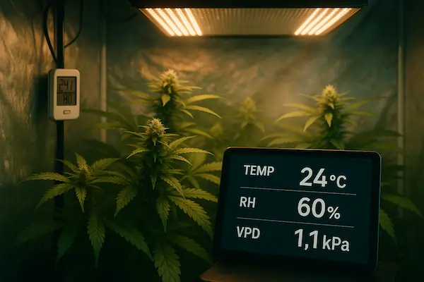 A cinematic, photorealistic image of Matty’s VPD Lab Dashboard showing an indoor cannabis grow tent with lush green plants under warm LED lights. A sleek digital monitor displays precise readings — Temperature 24°C, RH 60%, and VPD 1.1 kPa — with misty humidity in the air and teal-green lighting for a scientific, premium atmosphere matching AussieHempSeeds’ hero visuals.