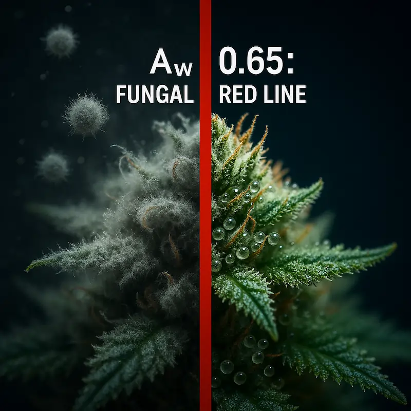 Scientific split-screen illustration showing the A_w 0.65 fungal red line; left side depicts a cannabis bud with fuzzy mold growth above the threshold, right side shows a clean, trichome-rich bud below 0.65, separated by a bold red line.