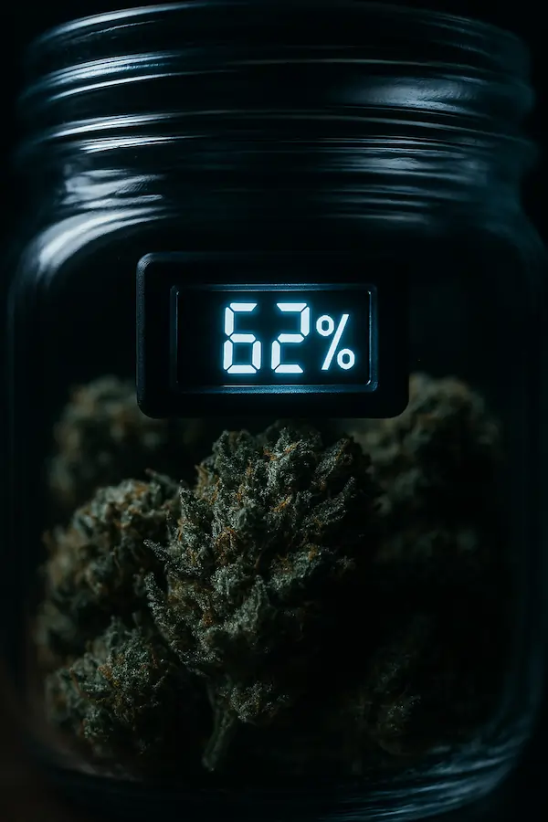 Macro close-up of a sealed cannabis curing jar with dense buds and a digital hygrometer reading 62%, illuminated by blue scientific lighting to emphasise the A_w curing standard.