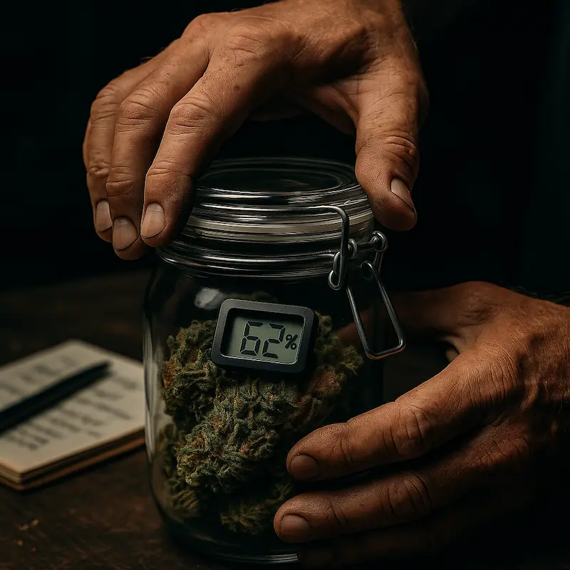 Close-up of rugged, experienced hands sealing a cannabis curing jar containing buds and a digital hygrometer reading 62%, with Matty Ridge’s lab notes and tools blurred in the background.