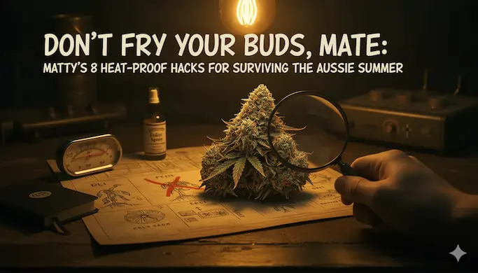Matty's 8 heat-proof hacks for surviving the Australian summer heat tax, showing a dark, moody grow setup with thermometers and ice for cooling.