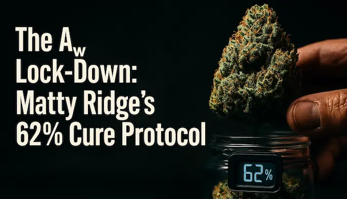 Hero image showing a curing jar with a digital hygrometer reading 62% RH beside a dense, trichome-rich cannabis cola, with the title ‘The A_w Lock-Down: Matty Ridge’s 62% Cure Protocol’ displayed in bold typography against a dark lab-style background.