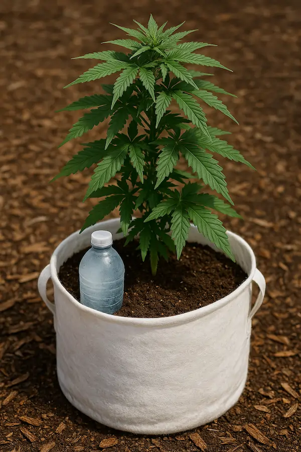 root-zone-cooling-frozen-bottle-method Cannabis plant in a white fabric pot with a frozen water bottle partially buried at the edge of the soil to cool the root zone during hot Australian summer conditions