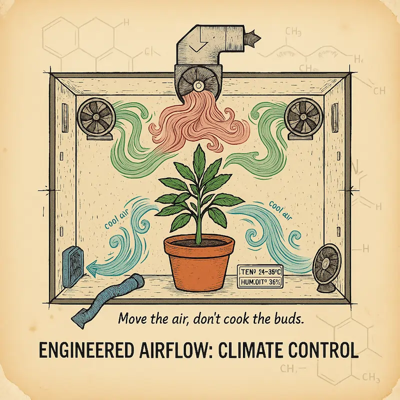 slug- engineered-airflow-cold-air-drop-diagram Hand-drawn instructional airflow diagram showing cool air entering through two lower vents, a lower circulation fan at the base, upper circulation fans at canopy level, and warm air exiting through an inline exhaust in a controlled grow environment.