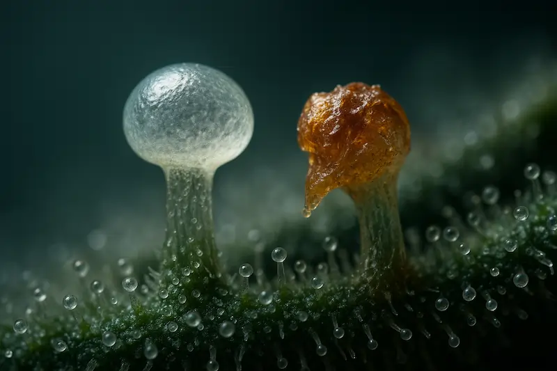 realistic-damaged-trichome-macro Photorealistic macro image of cannabis trichomes showing one intact cloudy gland and one naturally collapsed amber gland, illustrating real terpene loss and trichome degradation.
