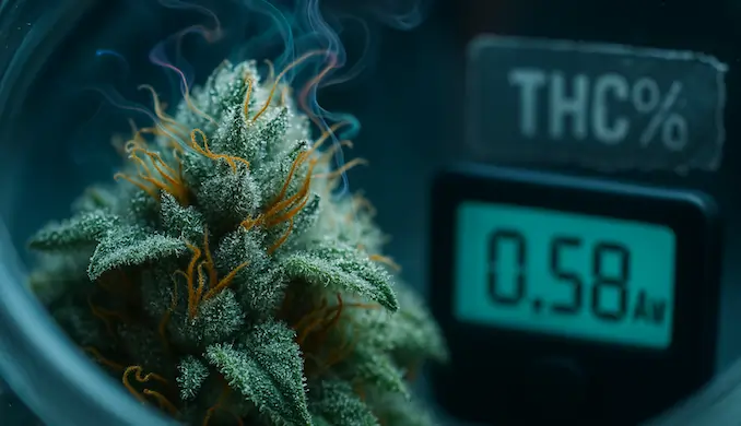 Macro photo of a premium cannabis bud inside a curing jar with visible terpene vapour, a digital 0.58 Aw meter glowing beside it, and a faded THC% label in the background, illustrating Matty Ridge’s Terpene Trap Doctrine on terpene preservation and water activity.