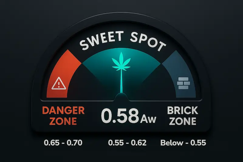 water-activity-aw-sweet-spot-gauge Digital gauge graphic showing cannabis curing Water Activity ranges, with the Danger Zone at 0.65–0.70 Aw, the Sweet Spot between 0.55 and 0.62 Aw, and the Brick Zone below 0.55 Aw, highlighting the ideal curing target.