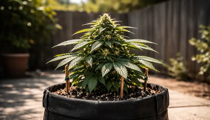 Healthy autoflower cannabis plant in late vegetative stage showing disciplined growth and stable structure under Australian conditions