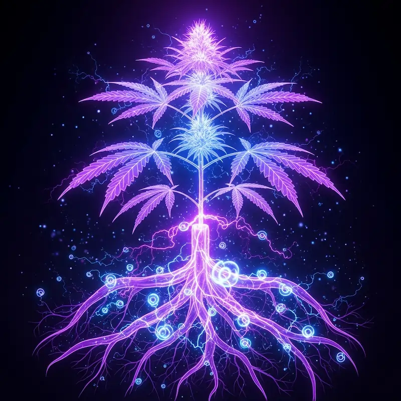 Scientific illustration of a cannabis root system showing pH ion exchange and the metabolic trigger for purple coloration in plant tissue.