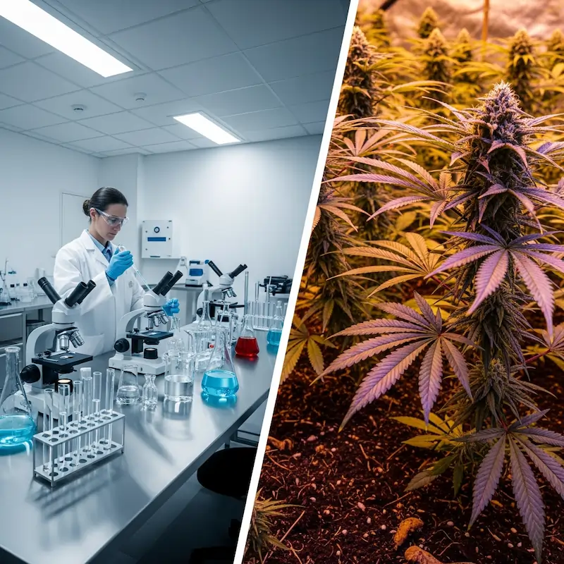Comparison chart showing the difference between a sterile laboratory grow environment and a biologically active organic cannabis garden with purple hues.