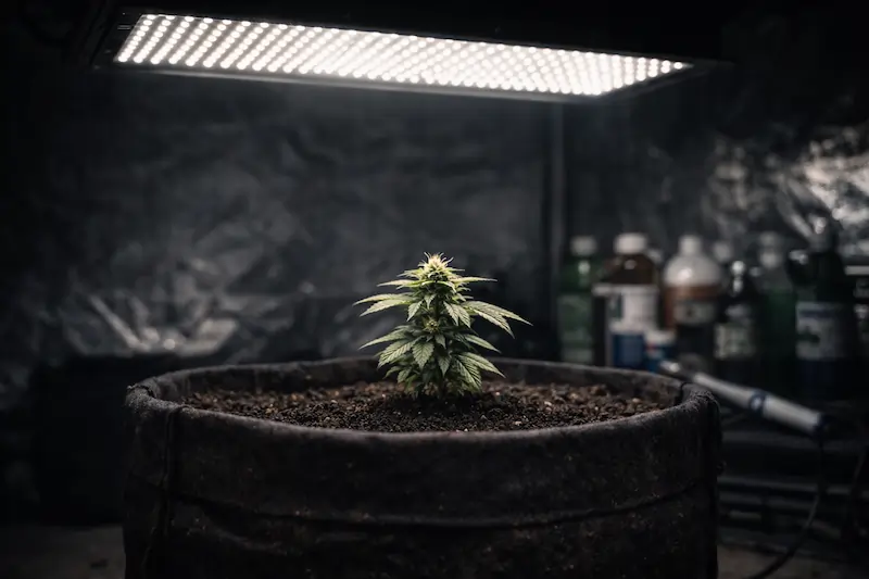stunted-autoflower-honesty-test-cannabis Stunted autoflower cannabis plant in small pot — visual example of autoflower stress and poor early growth