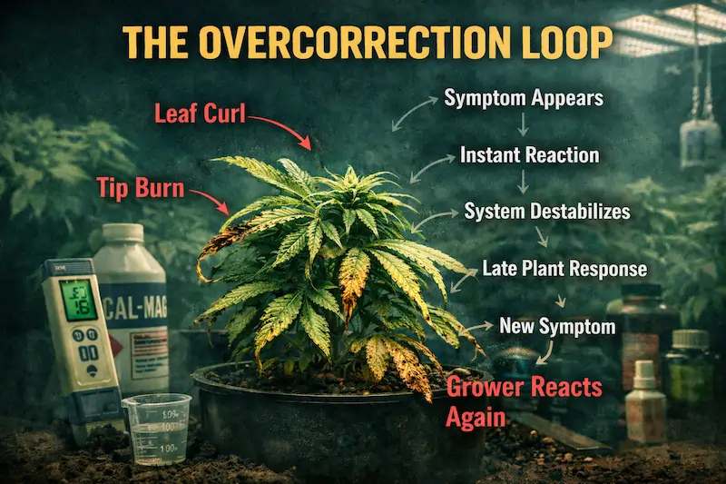 Stressed cannabis plants showing damage caused by overcorrection and constant grow environment changes