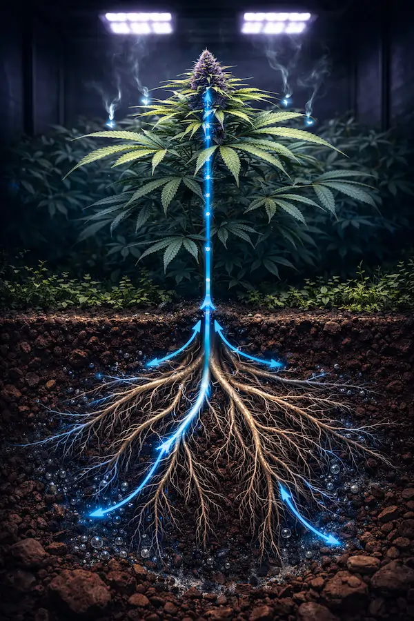 Cross-sectional diagram of cannabis root zone showing hydraulic loop, oxygen exchange, and nutrient flow beneath the soil