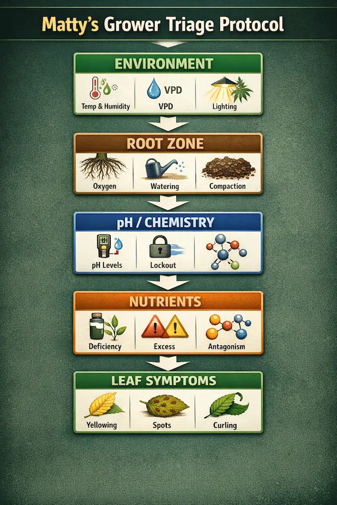 cannabis-grower-triage-protocol-flow cannabis plant problem diagnostic flow chart environment root zone ph nutrients leaf symptoms