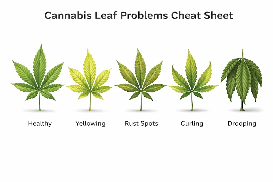 Cannabis leaf problems cheat sheet showing healthy leaf, yellowing leaf, rust spots, curling leaf and drooping leaf