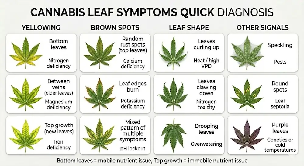 cannabis-leaf-symptoms-chart-diagnosis 12-card cannabis diagnosis infographic: Realistic leaf visuals for Nitrogen, Magnesium, Iron, Calcium, Potassium deficiencies, pH lockout, and pests.
