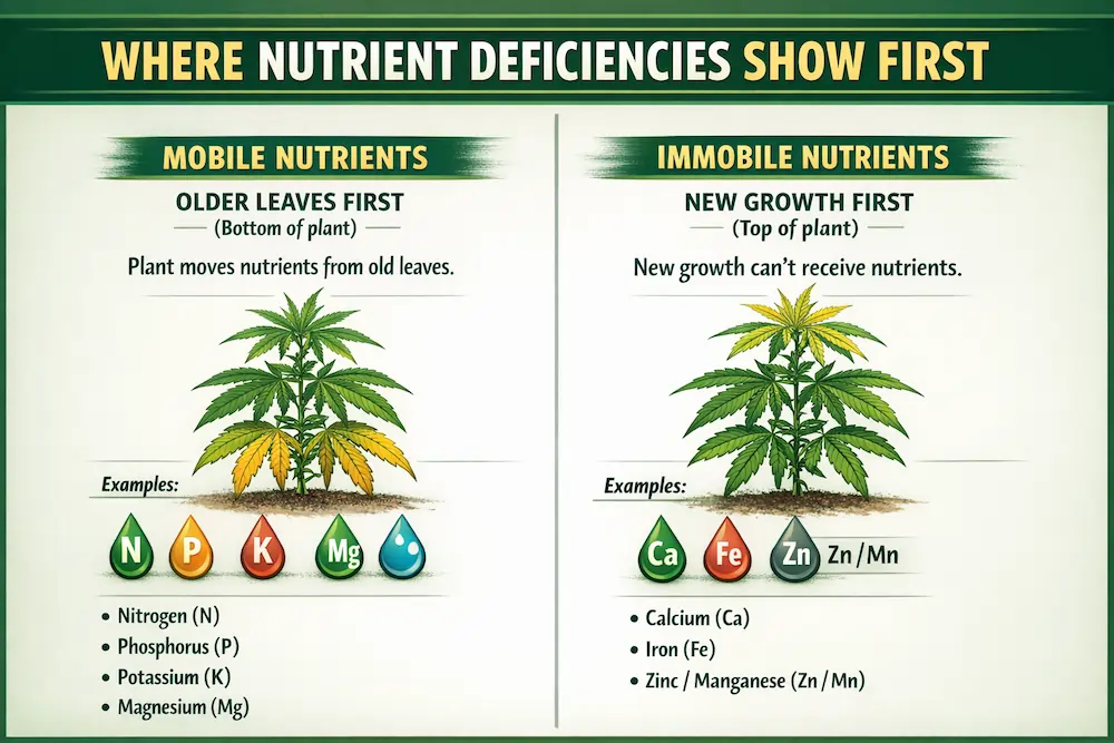 cannabis-mobile-vs-immobile-nutrients-diagram cannabis mobile vs immobile nutrients diagram showing deficiency symptoms on older vs new leaves