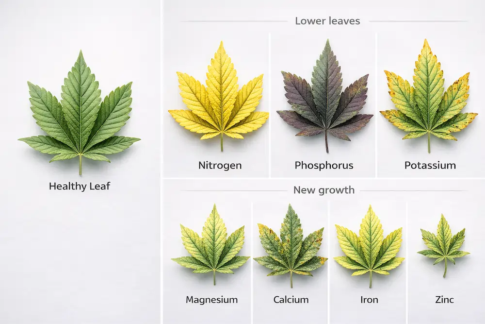 cannabis nutrient deficiency chart showing nitrogen phosphorus potassium magnesium calcium iron and zinc symptoms on cannabis leaves