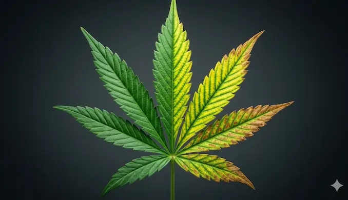 A high-resolution diagnostic cannabis fan leaf showing a transition from healthy green tissue to interveinal chlorosis and necrotic brown spots for nutrient deficiency identification.