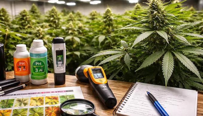 cannabis plant problems diagnostic setup showing healthy cannabis plant in indoor grow room with pH meter infrared thermometer leaf symptom chart and grower logbook
