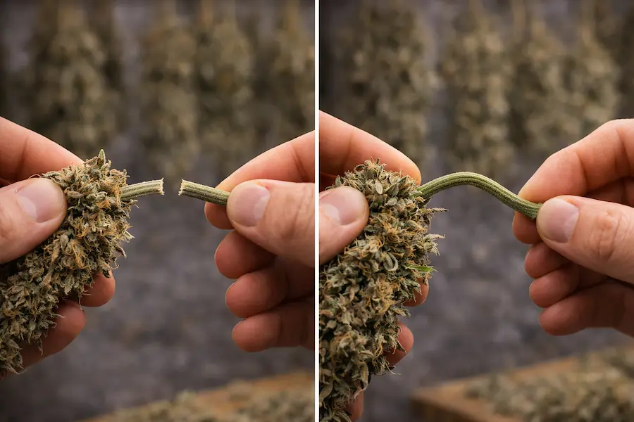 cannabis drying snap test bending vs snapping stem comparison proper drying vs over dried