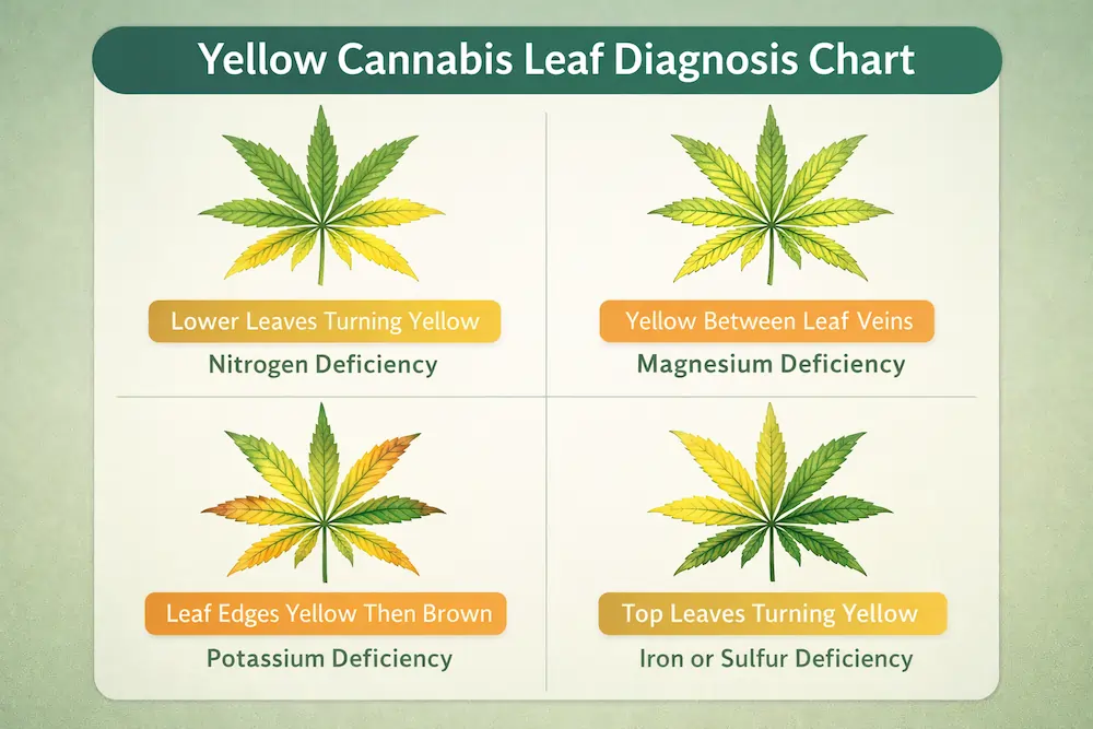 cannabis-yellow-leaf-diagnosis-chart Cannabis leaf diagnosis chart showing nitrogen deficiency, magnesium deficiency, potassium deficiency, and iron deficiency yellowing patterns.