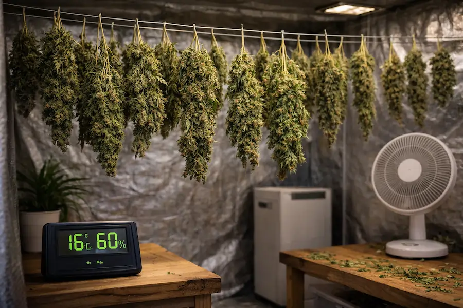 real cannabis drying setup hanging branches 60 humidity 16c airflow fan
