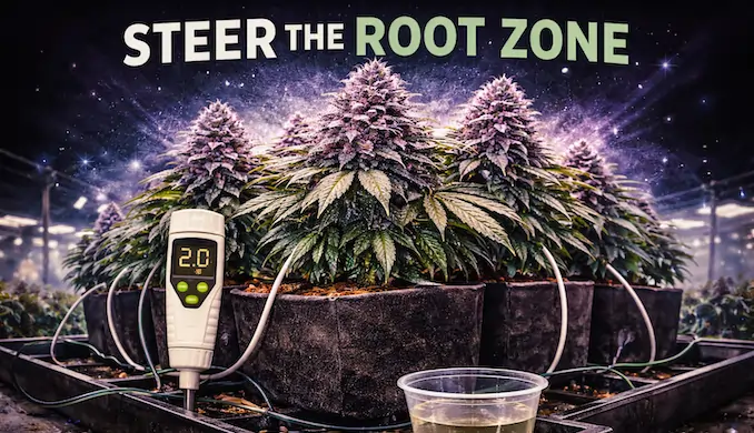 Purple cannabis plant in late flower illustrating root zone steering during the finishing stage