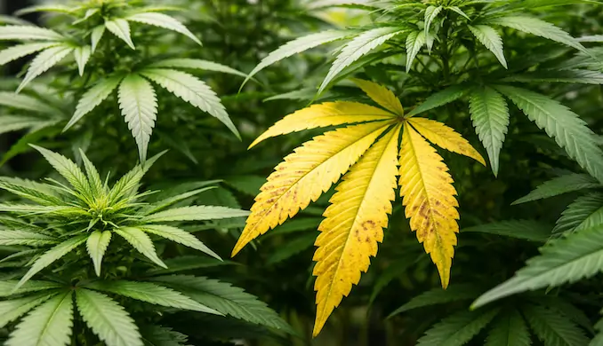 Close-up of a cannabis plant showing one yellow leaf with brown spotting among healthy green leaves, illustrating early nutrient deficiency symptoms.