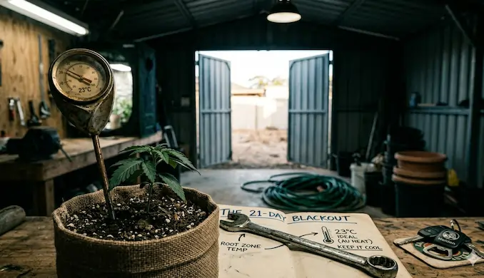 A hand-drawn grower's journal titled The 21-Day Blackout on a dusty workbench in an Australian shed, showing phases for seedling survival, stability, and expansion.