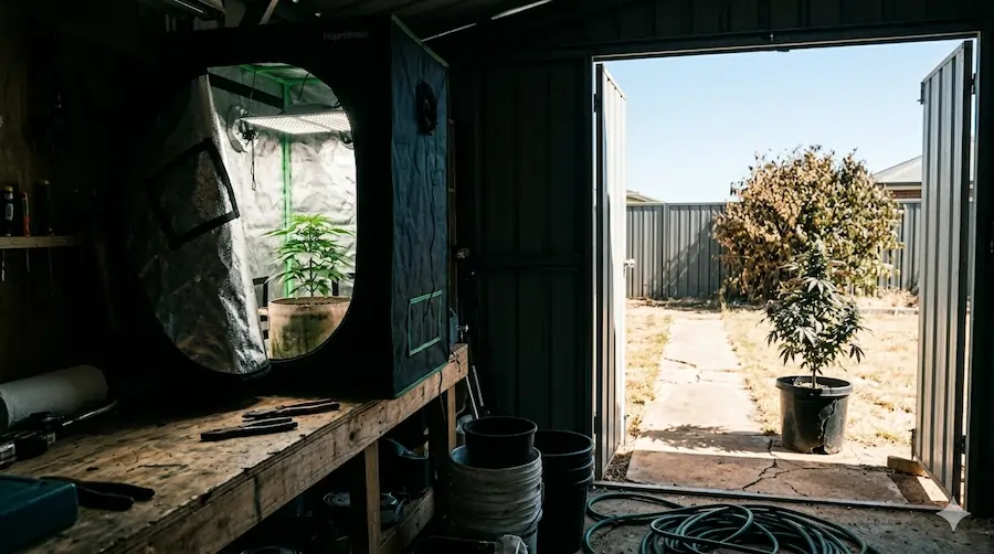 Comparison of a vibrant indoor cannabis plant in a grow tent inside a dark shed versus a weathered outdoor plant in a sun-bleached Australian backyard.