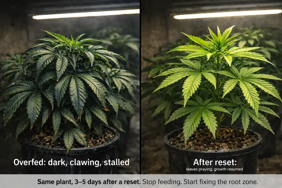 cannabis plant nutrient burn before and after reset showing clawing dark leaves and healthy upright recovery growth