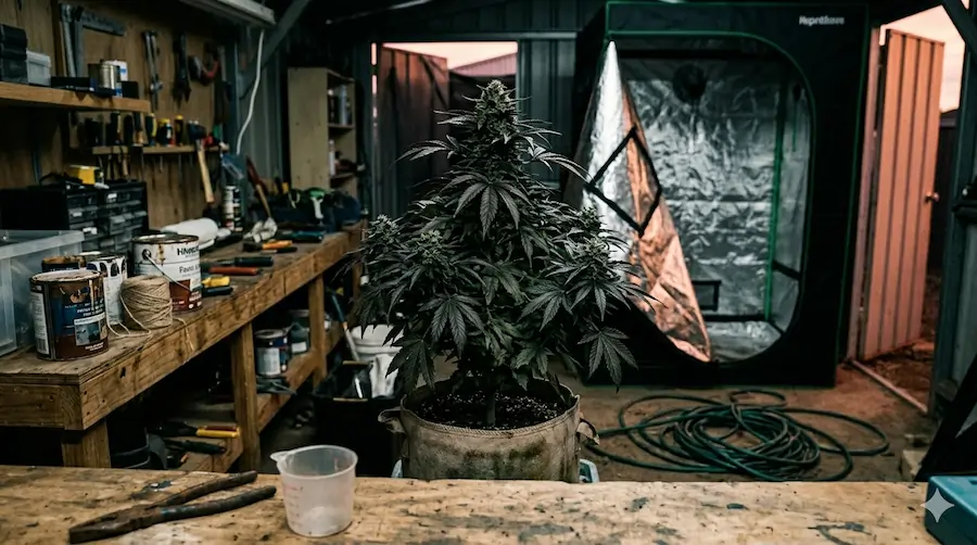 A robust, healthy cannabis plant in a fabric pot on a workshop bench in an Australian shed, showing resilient "Tank" genetics next to a grow tent.
