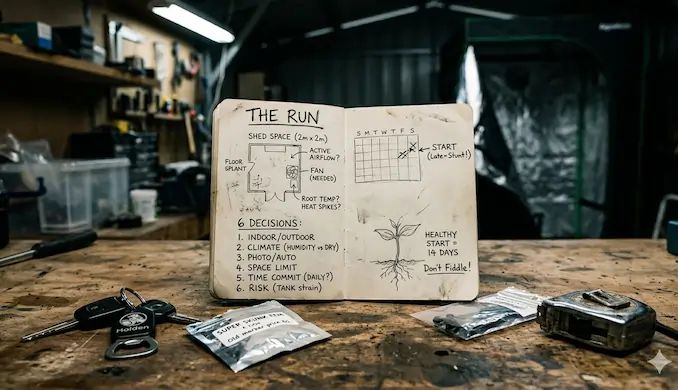 Handwritten grow plan in a notebook on a workshop bench with Holden keys and cannabis seeds, detailing Australian climate decisions for indoor and outdoor growing.