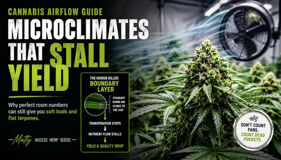 cannabis-airflow-boundary-layer-microclimate Cannabis airflow boundary layer diagram showing stagnant canopy humidity reducing transpiration and slowing bud development