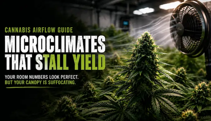 Cinematic cannabis grow room with dense flowering canopy, oscillating fan airflow, and hidden microclimate conditions affecting transpiration and bud density