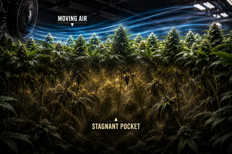 cannabis-airflow-stagnant-pocket-canopy Cannabis grow room illustration showing moving air above a dense flowering canopy and a stagnant humidity pocket slowing transpiration inside the plants